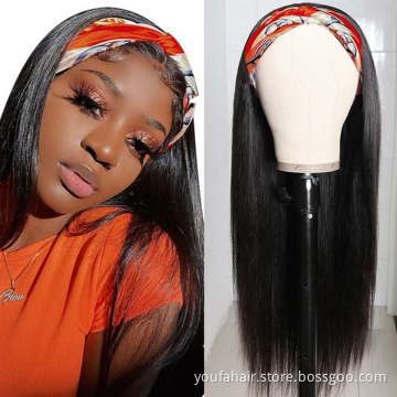 African American Headband Wig For Black Women Cuticle Aligned Straight Wig Human Natural Hair Half Wig With Headband Attached